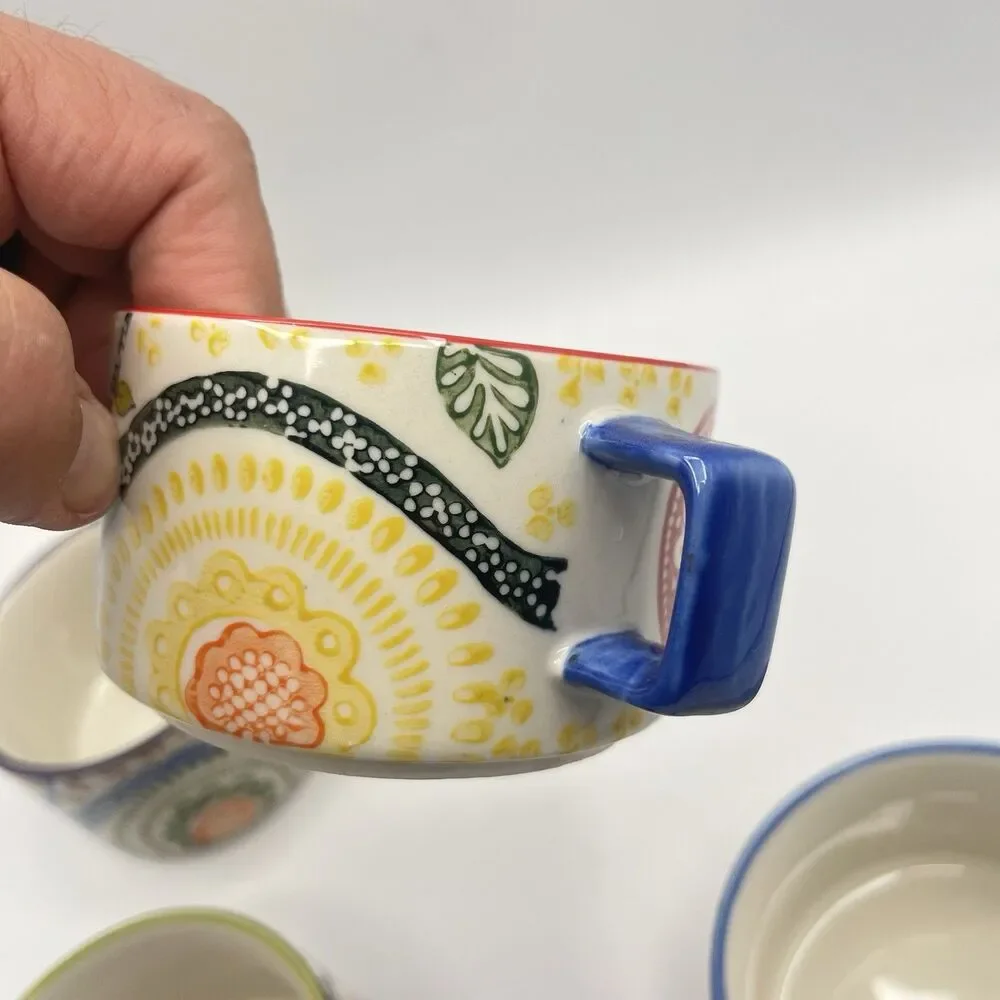 Set Of 4 PIER 1 Paisley Stackable Coffee Tea Mugs Stoneware Hand Painted Boho